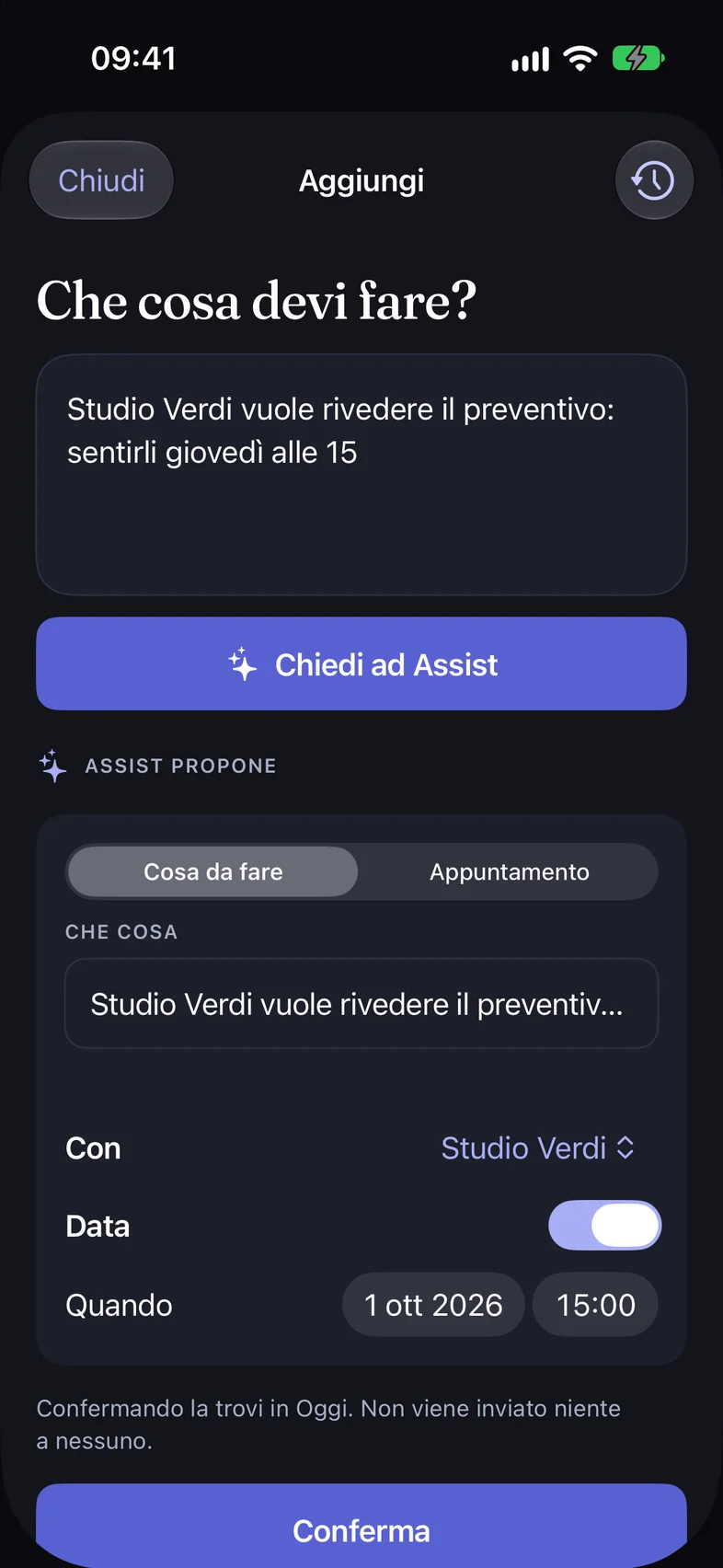 The Add sheet: from the note “Studio Verdi wants to review the quote”, Assist proposes a task with client, date and time to confirm