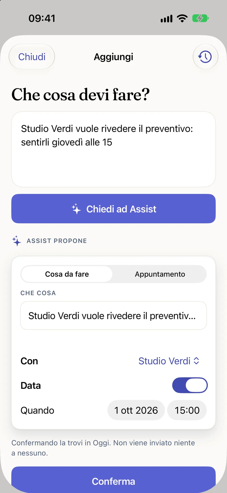The Add sheet: from the note “Studio Verdi wants to review the quote”, Assist proposes a task with client, date and time to confirm