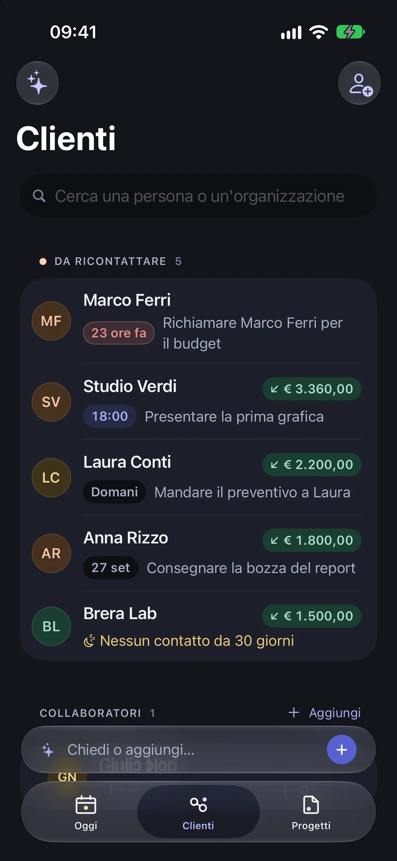 L'elenco dei clienti: da ricontattare in cima, con gli importi da incassare