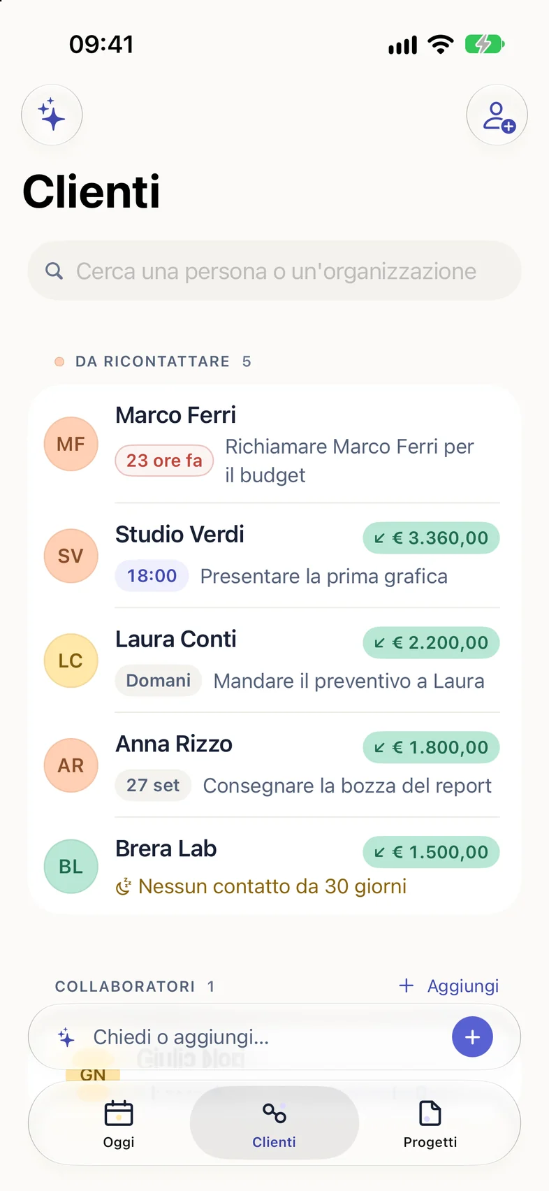 L'elenco dei clienti: da ricontattare in cima, con gli importi da incassare