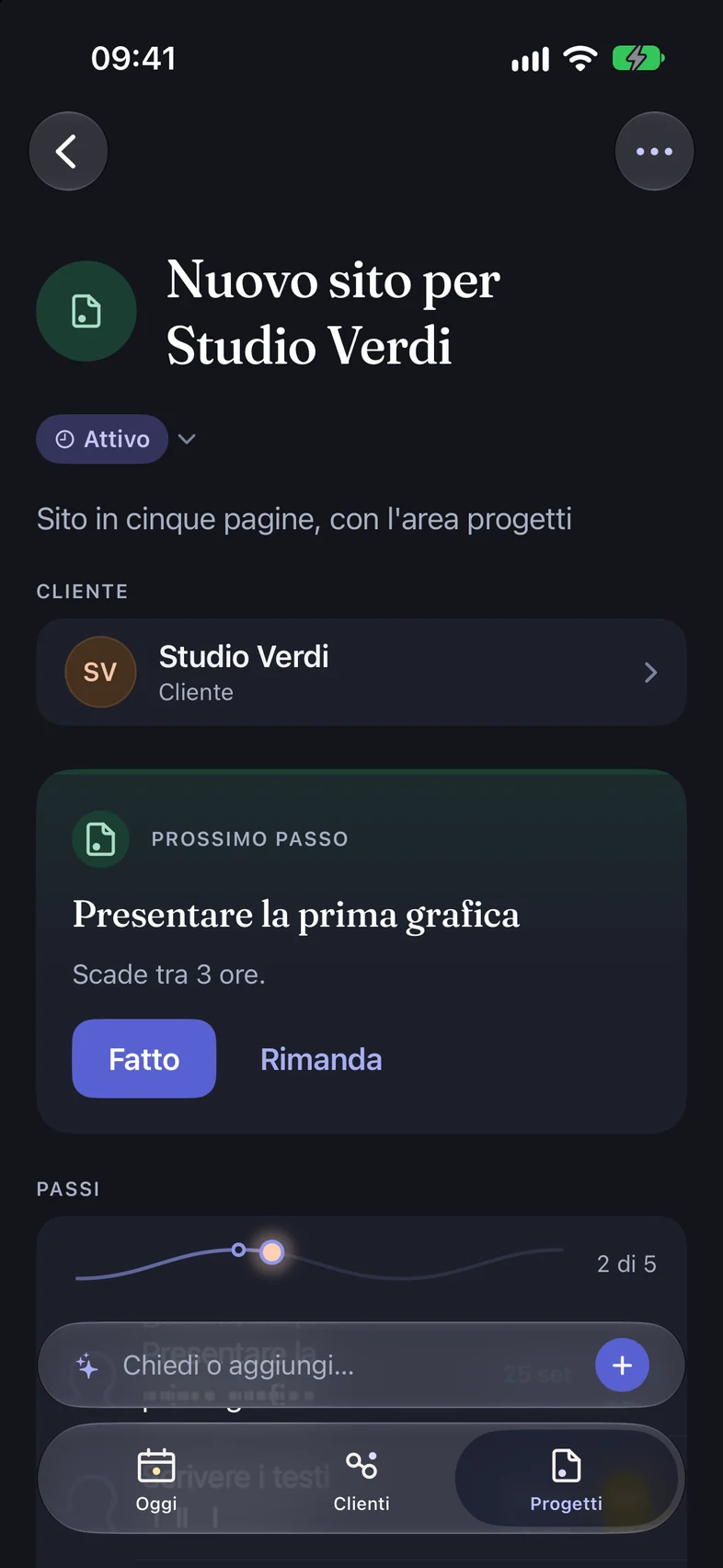 La scheda del lavoro «Nuovo sito per Studio Verdi»: cliente, prossimo passo e passi
