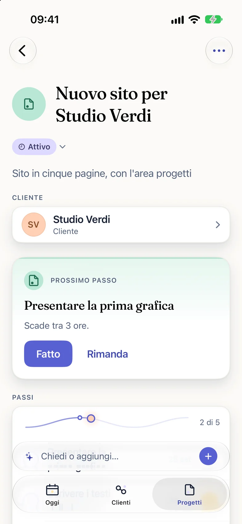 La scheda del lavoro «Nuovo sito per Studio Verdi»: cliente, prossimo passo e passi