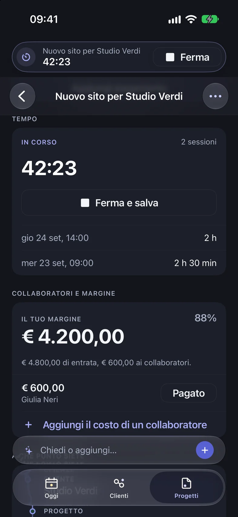 Il timer in corso: in cima all'app il lavoro e il tempo con Ferma, nella scheda la sezione Tempo con le sessioni già registrate