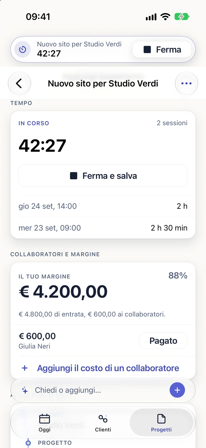 Il timer in corso: in cima all'app il lavoro e il tempo con Ferma, nella scheda la sezione Tempo con le sessioni già registrate