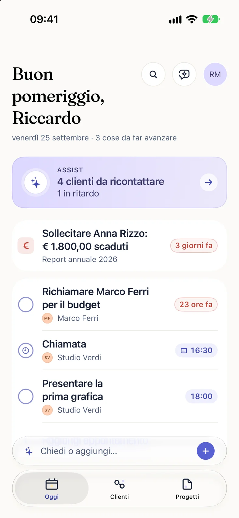 La schermata Oggi: Assist segnala quattro clienti da ricontattare, un pagamento scaduto da sollecitare e le cose da fare di oggi