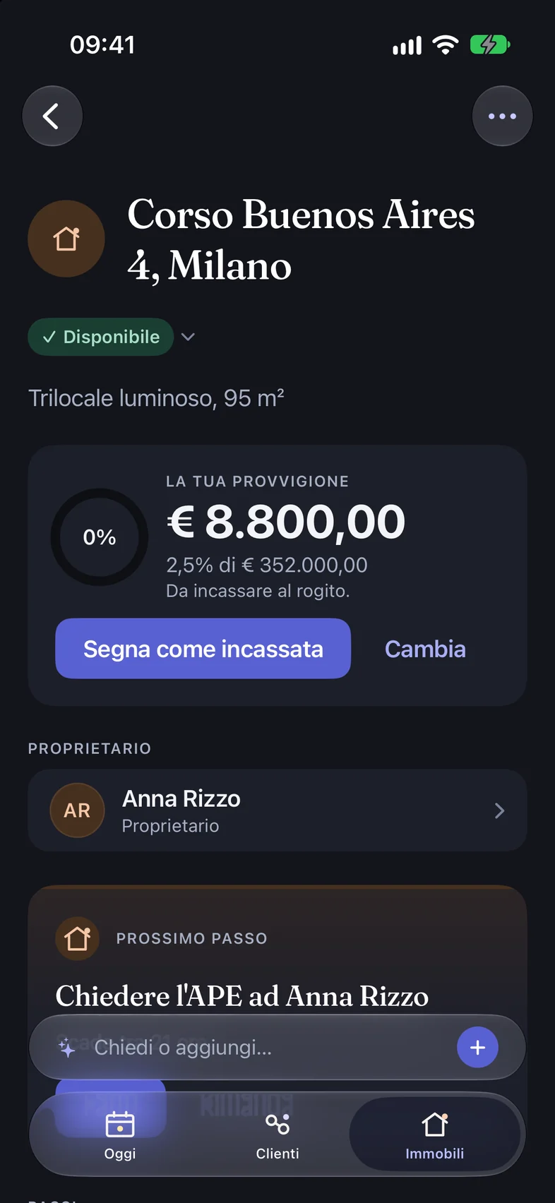 La scheda dell'immobile Corso Buenos Aires 4 con la provvigione di 8.800 euro in evidenza