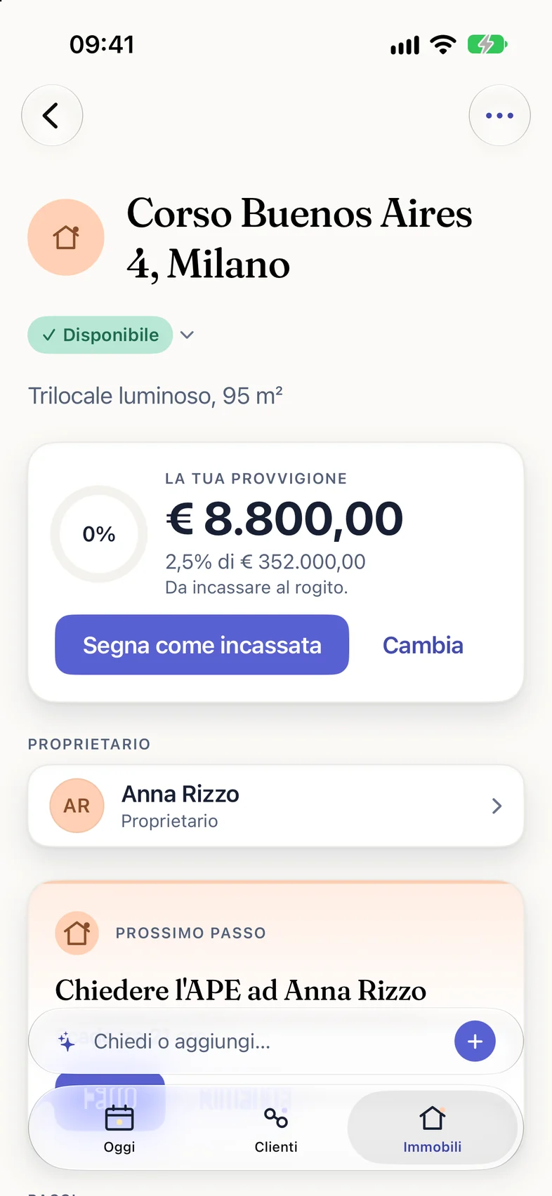 La scheda dell'immobile Corso Buenos Aires 4 con la provvigione di 8.800 euro in evidenza