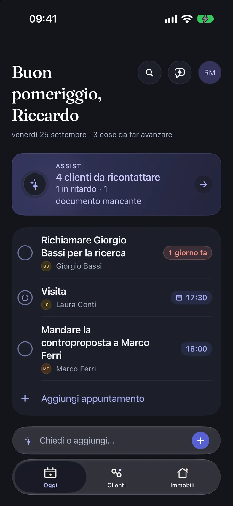 The Avanlio Today screen for a real estate agent: Assist flags the clients to get back to, then today’s tasks and appointments
