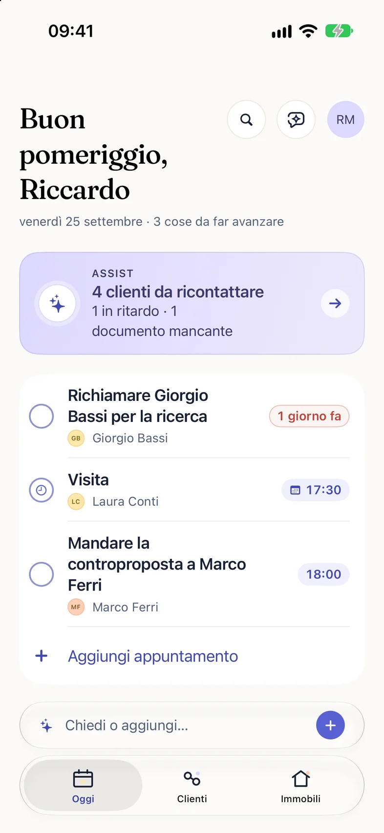 The Avanlio Today screen for a real estate agent: Assist flags the clients to get back to, then today’s tasks and appointments