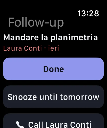 Apple Watch, a step to close: send the floor plan, with Done, Snooze until tomorrow and Call buttons