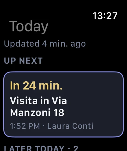 Apple Watch, Today screen: next appointment in 24 minutes, a viewing in Via Manzoni 18 with Laura Conti