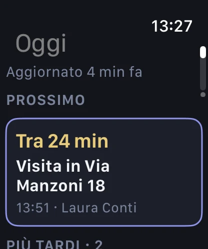 Apple Watch, schermata Oggi: prossimo impegno fra 24 minuti, visita in Via Manzoni 18 con Laura Conti