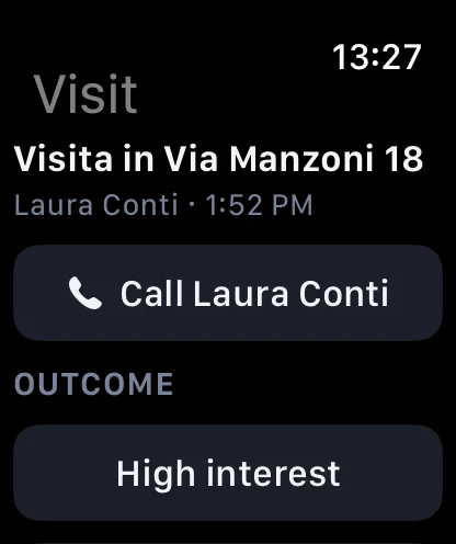 Apple Watch, a viewing: a button to call Laura Conti and a choice of outcome, such as High interest