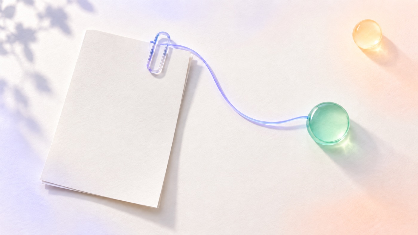 Un preventivo su carta è collegato da un filo pervinca a un segno di conferma in vetro verde su una superficie chiara.